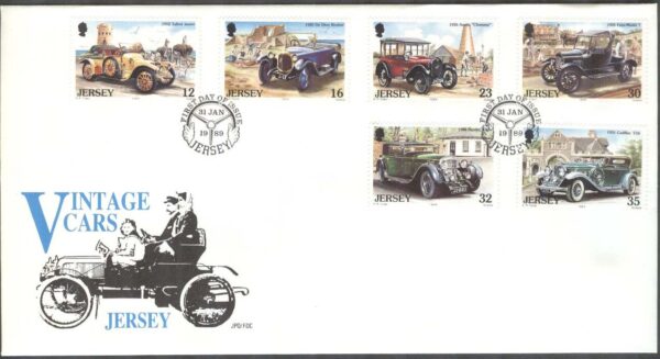 Jersey - FDC 1989-01-31 - Gamla Bilar I bla Austin 7, 6 kpl