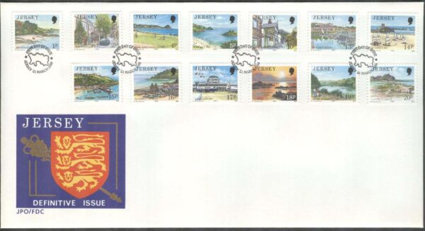 Jersey - FDC 1989-03-21 - Landskap - Båtar - Golf - Byggnader, 13 kpl