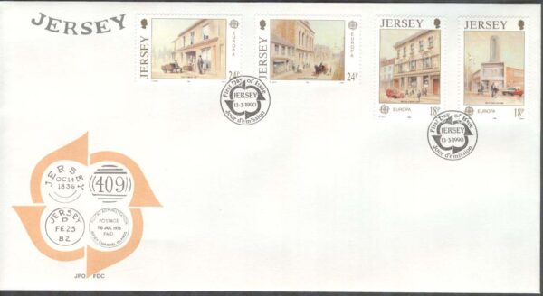 Jersey - FDC 1990-03-13 - Europa CEPT 1990 Postbyggnader, 4 kpl