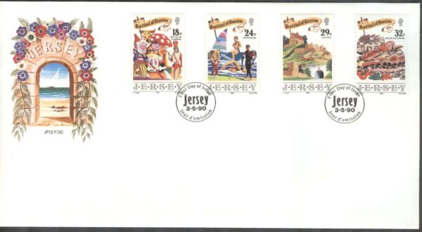Jersey - FDC 1990-05-03 - Turistfrimärken bla Golf & Vattensport, 4 kpl
