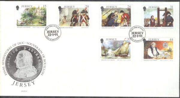 Jersey - FDC 1991-01-22 - P D´Auvergne död i 175 år - Fartyg, 6 kpl