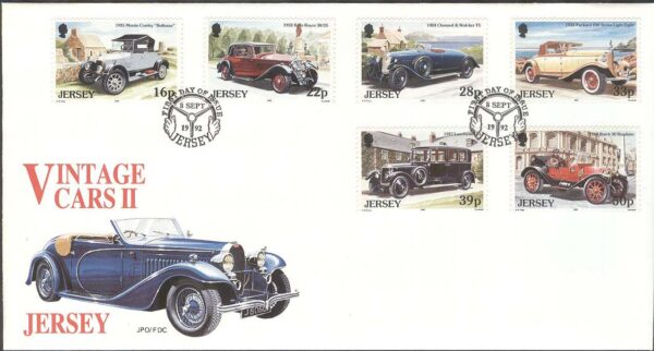 Jersey - FDC 1992-09-08 - Gamla Bilar II bla Buick 30 Roadster, 6 kpl