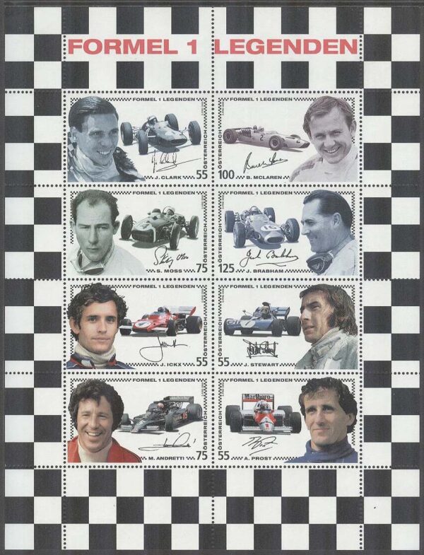 Österrike - M 2592-2599 Bilar - Formel 1 bla Mario Andretti, Miniark kpl **