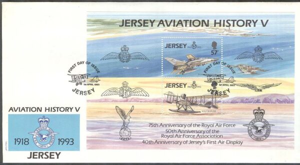 Jersey - FDC 1993-04-01 - Flyg, Royal Air Force RAF 75 år - Flygplan, Block