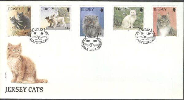 Jersey - FDC 1994-04-05 - Katter I bla Maine-Coon & Perser, 5 kpl