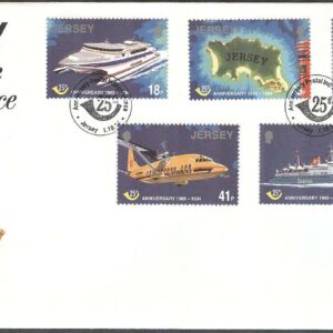 Jersey – FDC 1994-10-01 – Flyg – Båt – Helikopter – Posten 25 år, 5 kpl