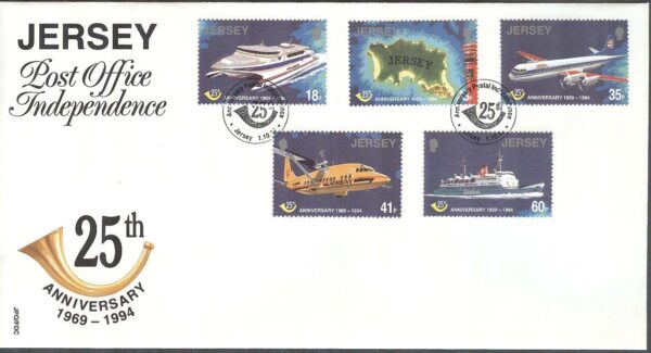 Jersey - FDC 1994-10-01 - Flyg - Båt - Helikopter - Posten 25 år, 5 kpl