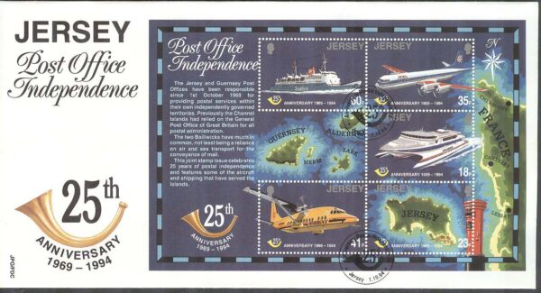 Jersey - FDC 1994-10-01 - Flyg - Båt - Helikopter - Posten 25 år, Block