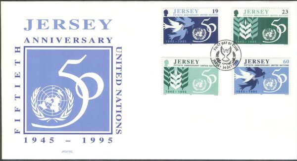 Jersey - FDC 1995-10-24 - FN 50 år - Jubileumsemblem, 4 kpl