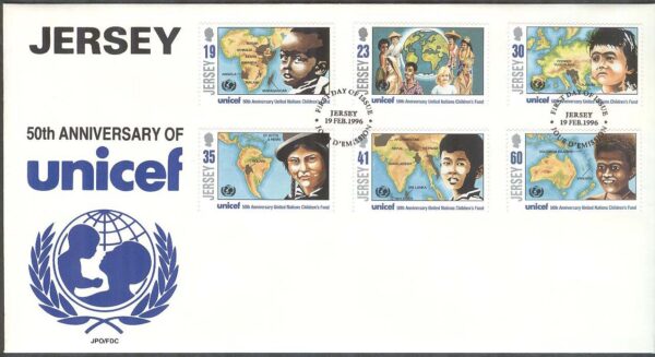 Jersey - FDC 1996-02-19 - UNICEF 50 år FN - Barn, 6 kpl