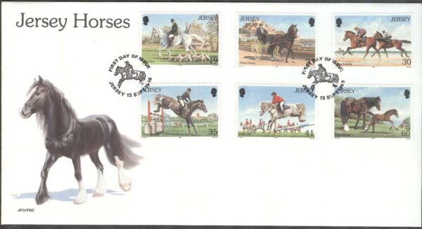 Jersey - FDC 1996-09-13 - Hästar i bla jakt & Hästhoppning, 6 kpl