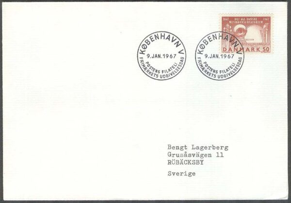 Danmark - FDC 1967-01-09 - Musikkonservatoriet 100 år, 1 kpl Adressat