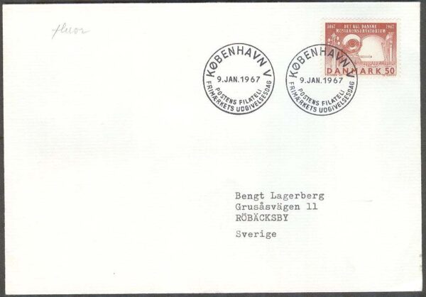 Danmark - FDC 1967-01-09 - Musikkonservatoriet 100 år, 1 kpl Adressat