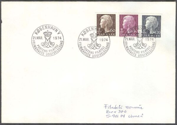 Danmark - FDC 1974-03-21 - Drottning Margrethe. Typ I, 3 kpl Adressat