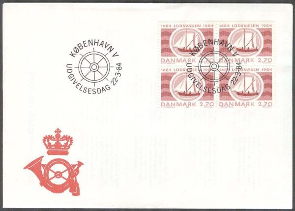Danmark - FDC 1984-03-22 - Lotsväsendet 300 år - Båt, 4-Block kpl Vinjett 1