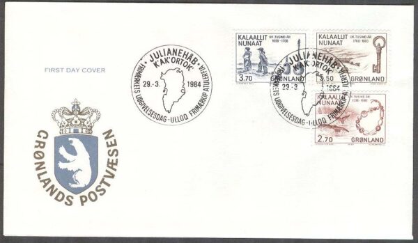 Grönland - FDC 1984-03-29 - 1000-årsserien IV - Gamla föremål, 3 kpl Vinjett 1