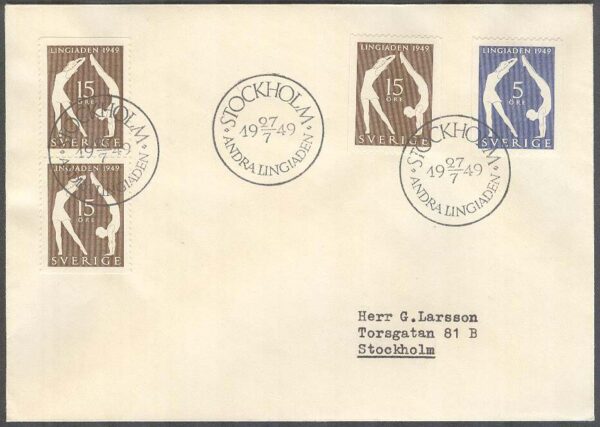 Sverige - FDC 1949-07-27 - 2:a Lingiaden, 4 kpl Adressat