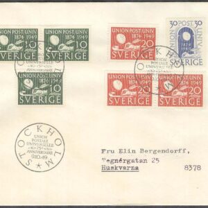 Sverige – FDC 1949-10-09 – Världspostföreningen UPU 75 år, 7 kpl Adressat
