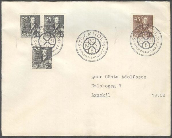 Sverige - FDC 1951-08-30 - Christopher Polhem, 4 kpl Adressat