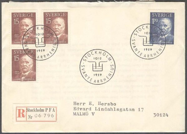 Sverige - FDC 1959-12-10 - Svante Arrhenius, 4 kpl REK+Adressat