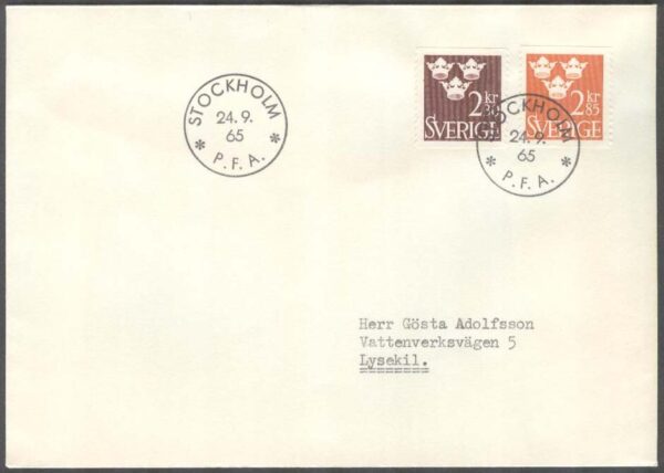Sverige - FDC 1965-09-24 - Tre Kronor, 2 kpl Adressat Stämp 24 mm