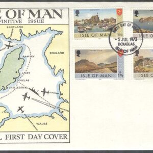 Isle of Man – FDC 1973-07-05 – Vyer – Byggnader – Djur – Vikingaskepp, 16 kpl