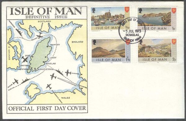 Isle of Man - FDC 1973-07-05 - Vyer - Byggnader - Djur - Vikingaskepp, 16 kpl