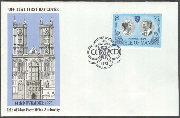 Isle of Man - FDC 1973-11-14 - Bröllop Prinsessan Anne & Mark Phillips, 1 kpl Vinjett 1
