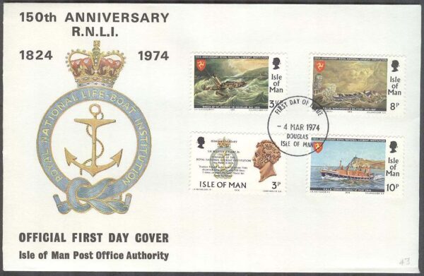 Isle of Man - FDC 1974-03-04 - Båtar - Levnadsrätt 150 år, 4 kpl