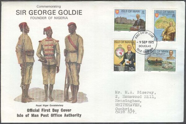 Isle of Man - FDC 1975-09-09 - George T Goldie död i 50 år - Fartyg, 4 kpl Adressat