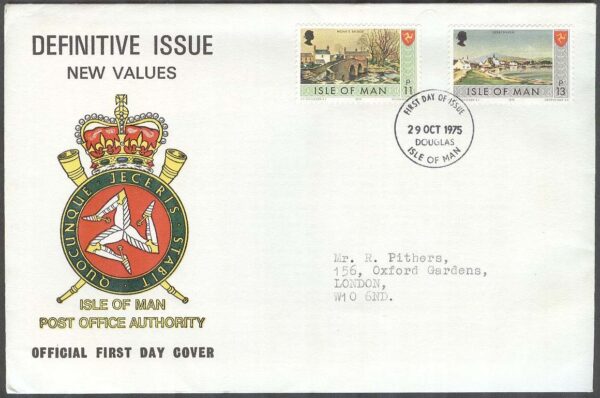 Isle of Man - FDC 1975-10-29 - Sevärdheter bla Byggnader i Ballasalla, 2 kpl Adressat