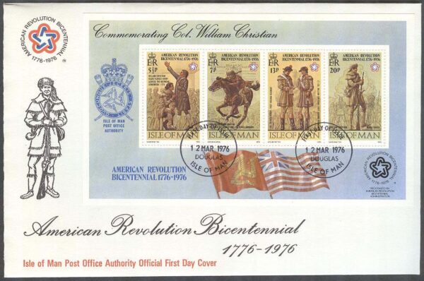 Isle of Man - FDC 1976-03-12 - Amerikanska revolutionen 200 år - Uniformer, Block