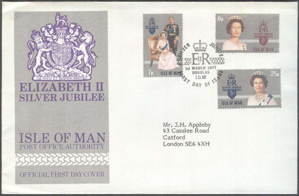 Isle of Man - FDC 1977-03-01 - Drottning Elisabeth II 25 år på Tronen, 3 kpl Adressat