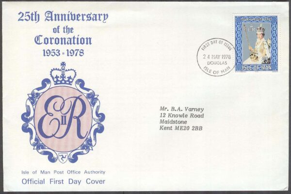 Isle of Man - FDC 1978-05-24 - Kröning av Drottning Elisabeth II 25 år, 1 kpl Adressat