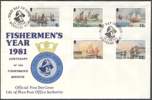 Isle of Man - FDC 1981-02-24 - Missionshus för fiskare 100 år - Båtar, 5 kpl