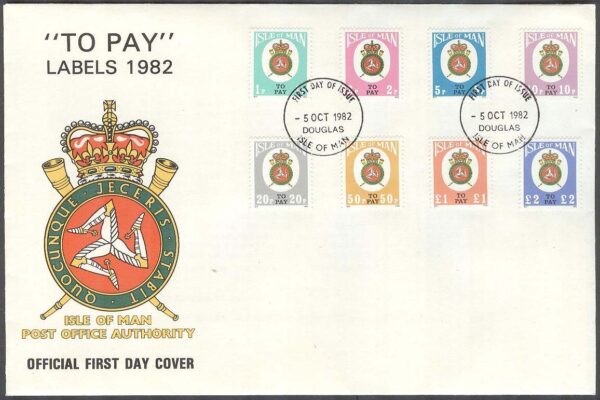 Isle of Man - FDC 1982-10-05 - Vapen & Sköldar - Portomärken, 8 kpl