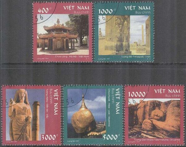 Vietnam - M 2858-2862 Sevärdheter i Asien III bla Láng-Pagoden i Hanoi, 5 kpl