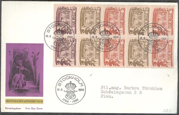 Sverige - FDC 1966-06-15 - Drottningholmsteatern, Helt Block kpl Vinjett 1 Adressat