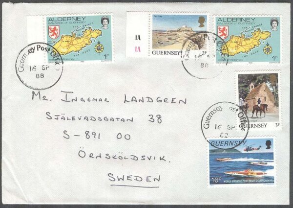Guernsey - Brev 1988-09-16 - Frimärken från Alderney & Guernsey