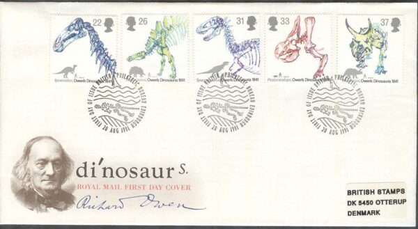 England - FDC 1991-08-20 - Förhistoriska Djur - Skelett, 5 kpl