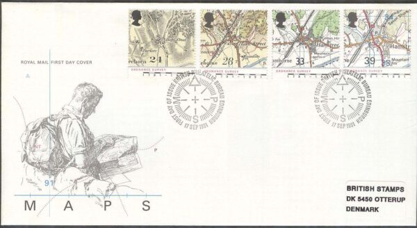 England - FDC 1991-09-17 - Lantmätningen 200 år - Kartor, 4 kpl