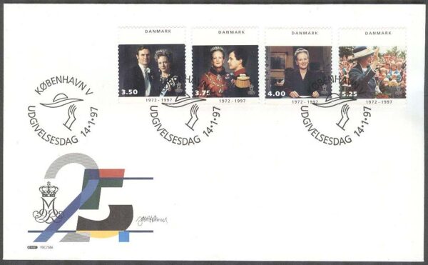 Danmark - FDC 1997-01-14 - Drottning Margreth II Regent i 25 år, 4 kpl Vinjett 1