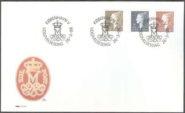 Danmark - FDC 1998-03-26 - Drottning Margreth II. Typ IV, 3 kpl Vinjett 1