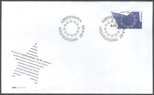 Danmark - FDC 1999-04-28 - Europarådet 50 år - Flagga, 1 kpl Vinjett 1