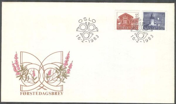 Norge - FDC 1983-02-16 - Byggnadsverk V bla Lindesnes fyr, 2 kpl Vinjett 1