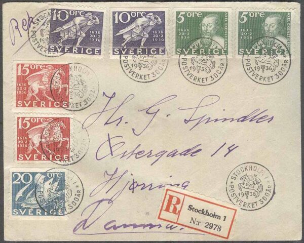 Sverige - FDC 1936-02-20 - Postverket 300 år, 15 märken REK+Adressat