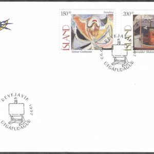 Island – FDC 1997-03-06 – Målningar bla Islands sång, 2 kpl Vinjett 1
