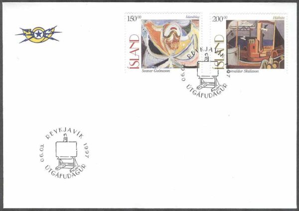 Island - FDC 1997-03-06 - Målningar bla Islands sång, 2 kpl Vinjett 1