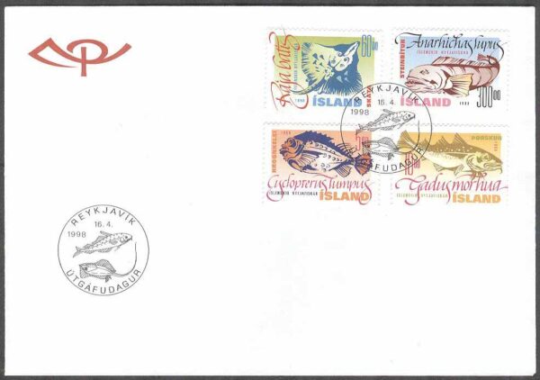 Island - FDC 1998-04-16 - Fiskar I bla Torsk, 4 kpl Vinjett 1