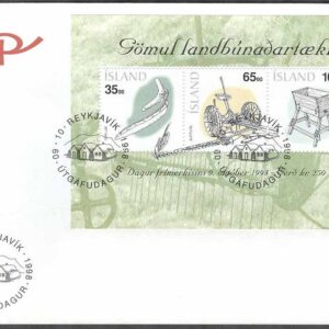 Island – FDC 1998-10-09 – Frimärkets Dag 1998 – Redskap bla Lie, Block Vinjett 1